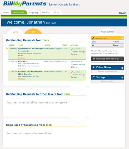 L'interface de BillMyParents