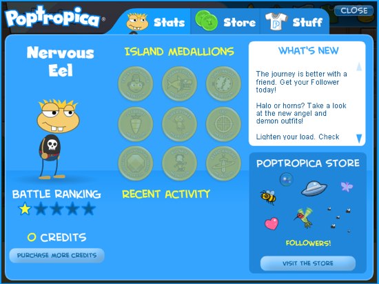 La fiche de mon personnage dans Poptropica