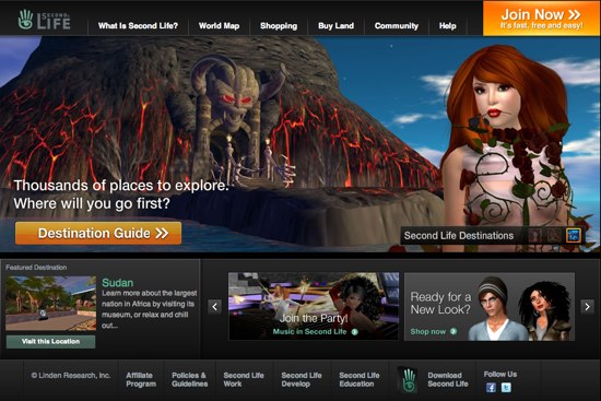 La page d'accueil de Second Life
