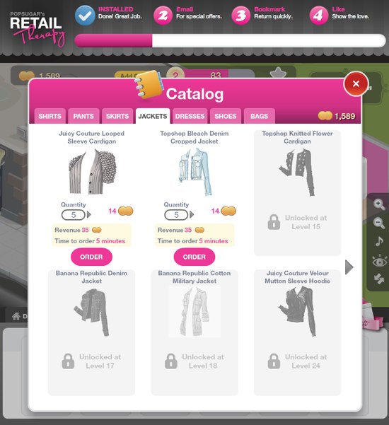Commande de produits dans Retail Therapy